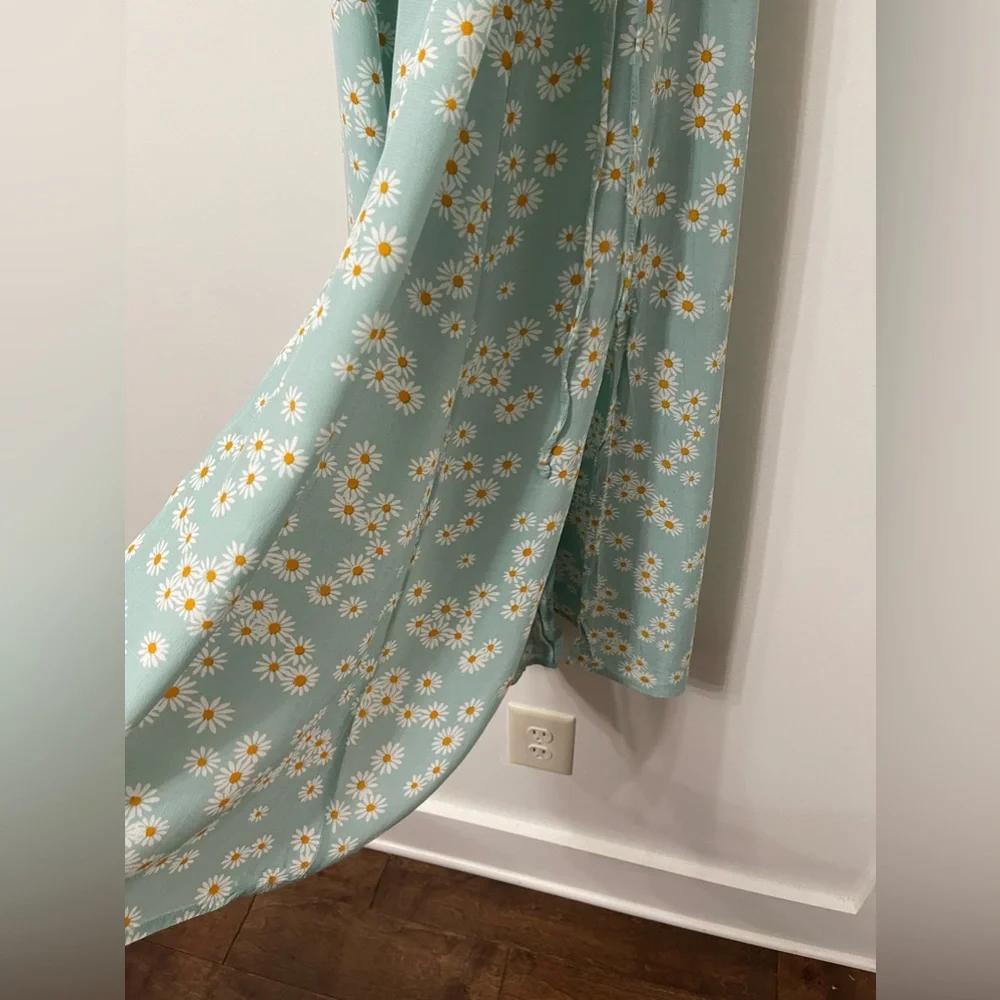 Faithfull The Brand Seafoam Green & Yellow Sunflower Midi Wrap Dress Size 2 - Picture 6 of 8